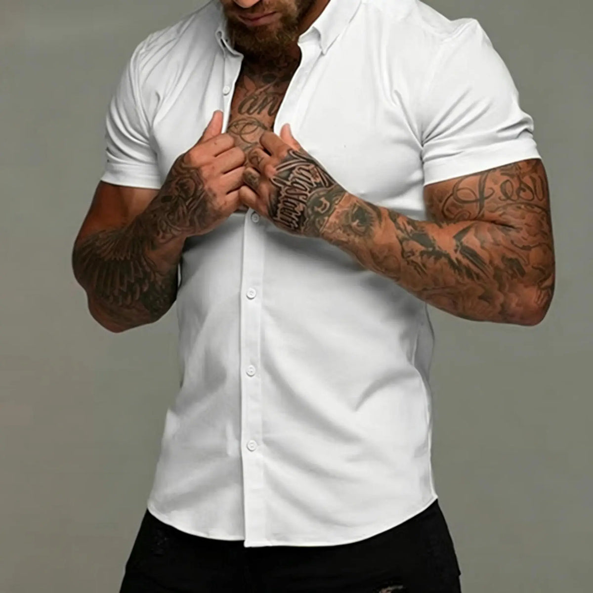 Men's Muscle Fit Short-Sleeve Collared Neck Dress Shirt - Plain, Wrinkle-Free Retro Tribal Button-Down Top, Casual Menswear Cardigan-Inspired Shirt