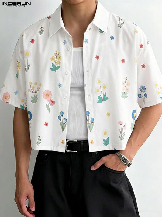 INCERUN Men's Fashion Short Sleeve Casual Floral Shirt, Comfortable Daily Wear, Summer Men's Shirt, Floral Print Shirts