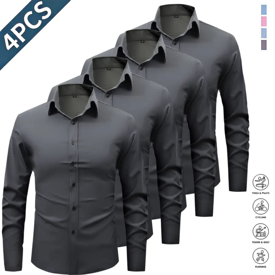 Men’s Solid-Color Long-Sleeve Shirts (4-Pack) - Fashion Apparel with Notched Lapel Collar, Comfortable Neck Button Placement, Sharp Structured Fit, Stretch Fabric, Mens Gifts for Fathers Day, 4 Shirts Refresh Your Rotation