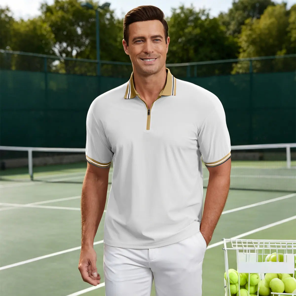 Zaitun Men's Zippered Front Polo Shirt - Short-Sleeve Knit, Classic Fit, Smart Casual Menswear Top (Multi-Size Available)