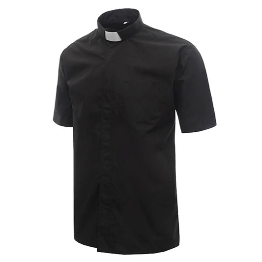 IVYROBES Men's Classic Short-Sleeve Collared Neck Clergy Dress Shirt - 1 Shirt, Tab-Collar, Shoulder Fit, Balanced Feel, Breathable 30% Cotton 70% Polyester Blended Top, 7-Button Closure, Button Front for Summer Formal Church Services