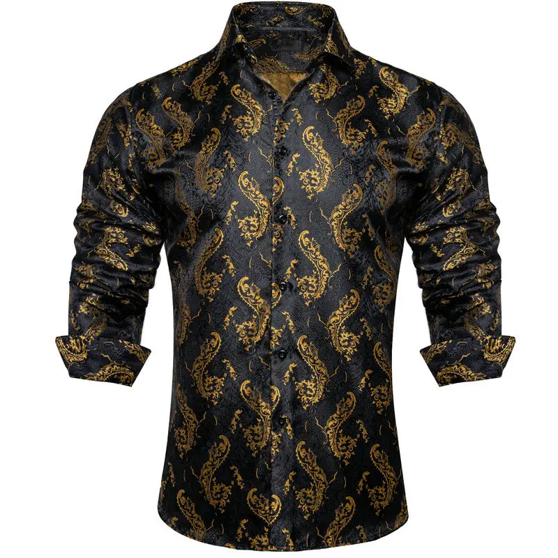 AILISUS Men's Oversize Floral Jacquard Paisley Button Shirt - Black/Gray, Business Casual Work Wear, Ideal for Dances, Graduation, Show, Party Wear, Gifting Option