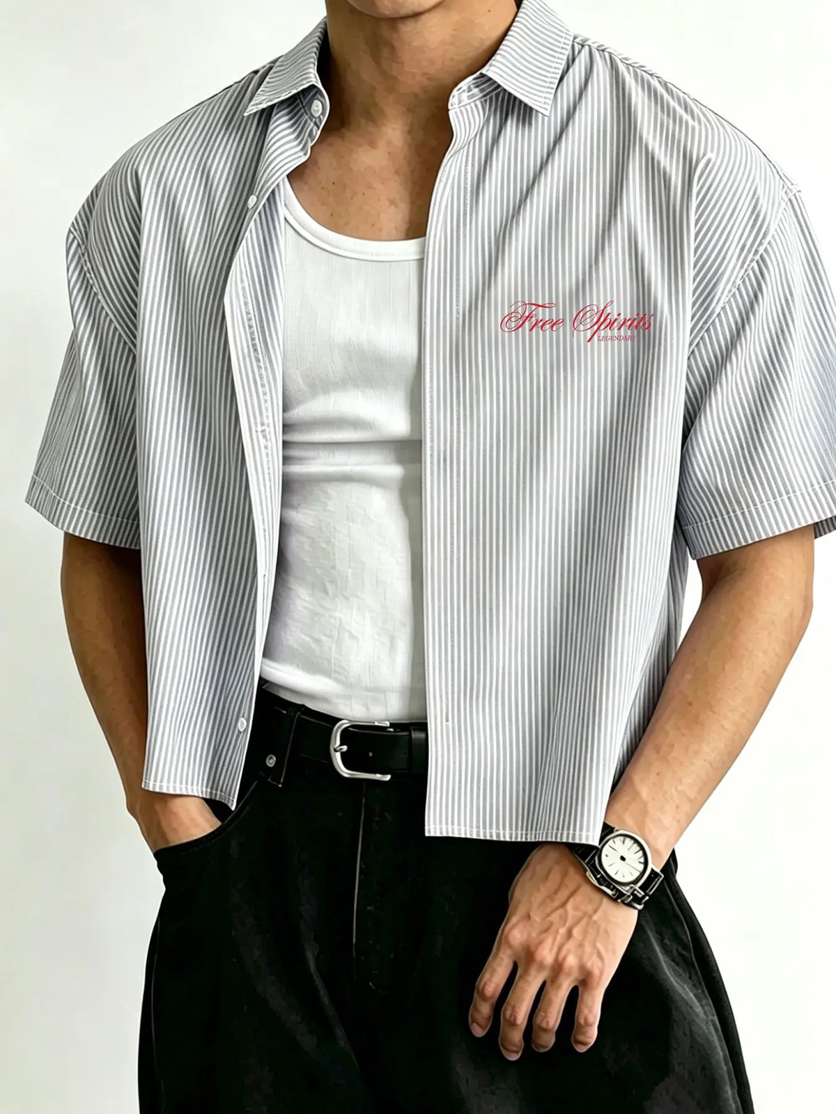 Men's Y2K pink striped short cropped short-sleeve shirt, casual loose lapel button-up top, Casual collared shirt, Classic Streetwear summer shirt, Casual Street Style, striped T-shirt for everyday wear, casual summer clothes, Menswear