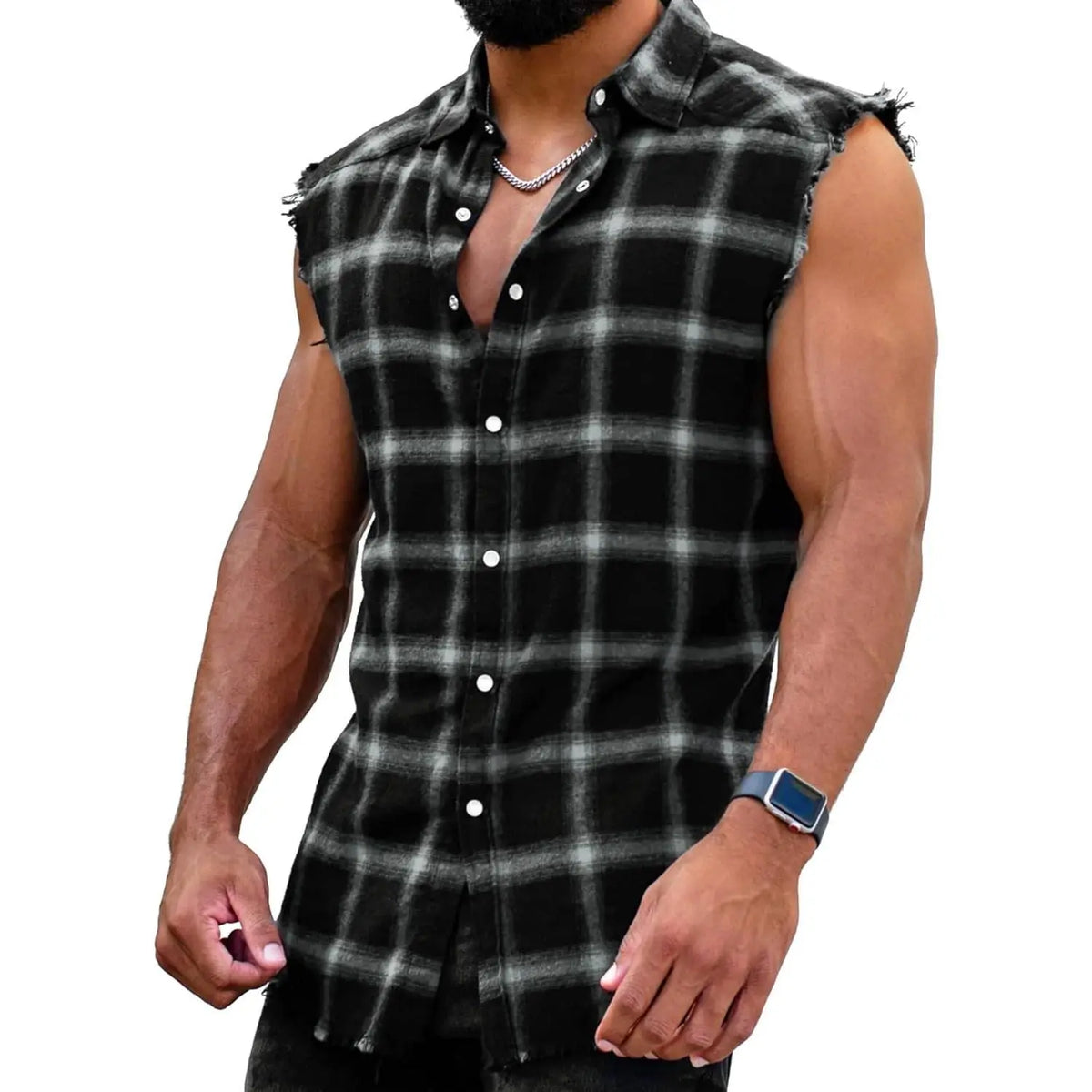 PASLTER Men's Cooler Sleeveless Checked Plaid Front Style Cotton Casual Fashion Shirt, Button-Down Cowboy Vest Top, Men's Clothing B1Y009,clothes for back to school,first day of school outfits