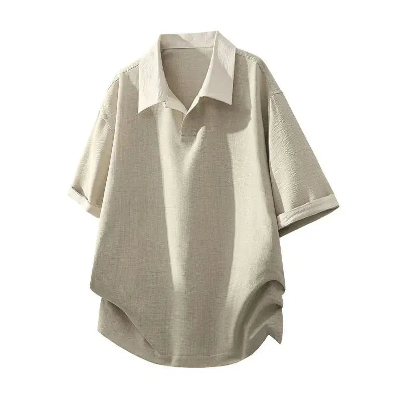 Men's Textured Weave Polo Shirt - Short Sleeve, Loose-Fitting, Breathable Half-Button Top with Contrast Spliced Lapel for Business Casual Wear