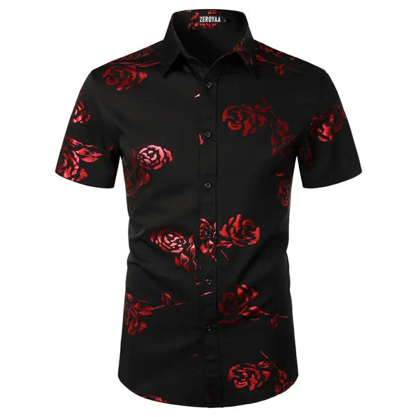 ZEROYAA Mens Hipster Gold Rose Printed Slim Fit Short Sleeve Button Down Dress Shirts Casual Summer Style Casual Fashion,back to school,back to school shopping