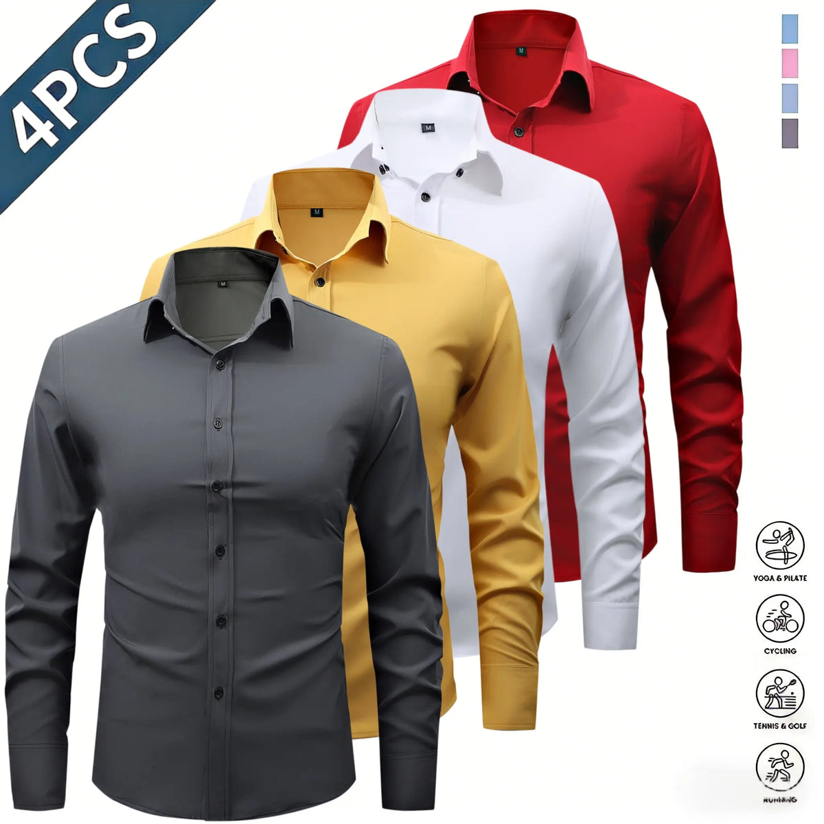 Men’s Solid-Color Long-Sleeve Shirts (4-Pack) - Fashion Apparel with Notched Lapel Collar, Comfortable Neck Button Placement, Sharp Structured Fit, Stretch Fabric, Mens Gifts for Fathers Day, 4 Shirts Refresh Your Rotation