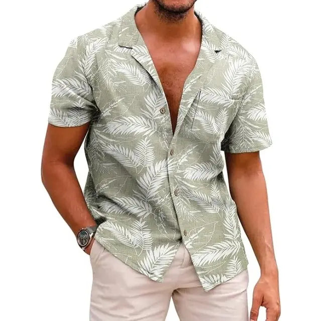 COOFANDY B Men's Cotton Linen Tropical Holiday Beach Shirt Classic Floral Menswear Top Overall Collar Casual Shortsleeve