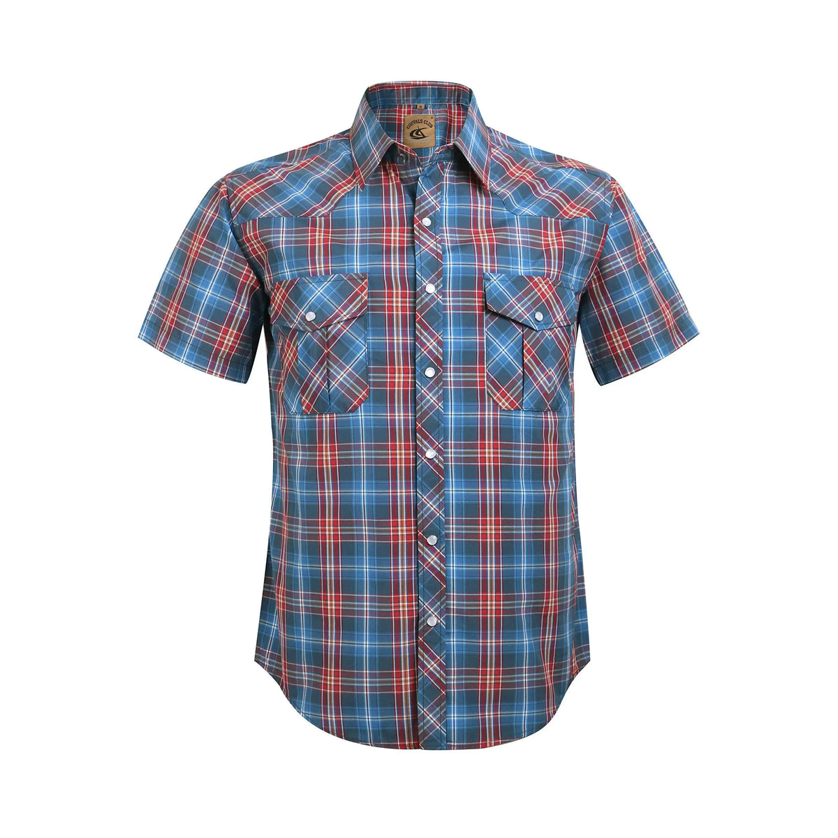 COEVALS CLUB Men's Casual Western Plaid Shortsleeve Cowboy Shirt - Durable Polyester-Cotton Blend Work Top, Breathable Lightweight, Pearl Snap Buttons, Western Style Wardrobe Staples for Summer Vacation, Wild West Outdoors