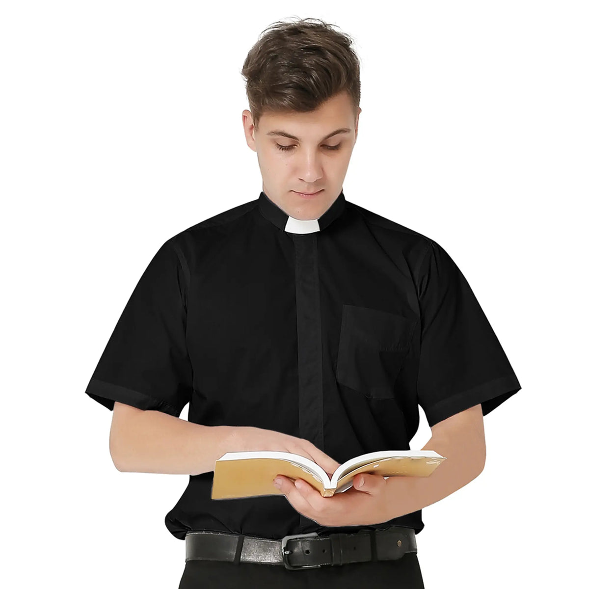 IVYROBES Men's Classic Short-Sleeve Collared Neck Clergy Dress Shirt - 1 Shirt, Tab-Collar, Shoulder Fit, Balanced Feel, Breathable 30% Cotton 70% Polyester Blended Top, 7-Button Closure, Button Front for Summer Formal Church Services