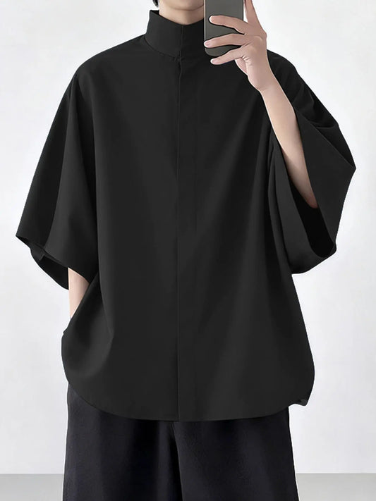 INCERUN Men's Plain Half Sleeve Hoodie, Casual Loose-Fitting Long Shirt, H Type Silhouette, Perfect for Early Autumn Fashion