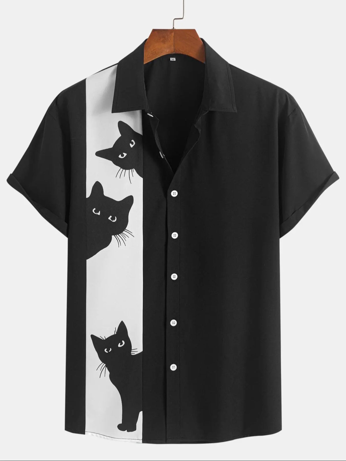 Men's Cat Print Button Front Shirt, Regular Fit Casual Short Sleeve Collared Top for Summer, Fashion Men's Top for Daily Wear, Animal Print Shirt, Casual Buttons Collared, Collared Shirts