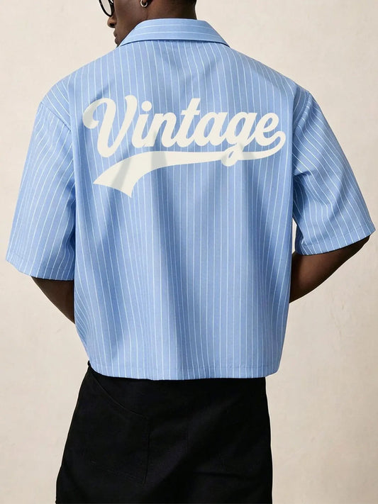 Men's short‑sleeve shirt with blue stripes, letter‑print lapel top, ideal for summer daily‑wear and casual street‑style outfits, Casual Collared Shirt