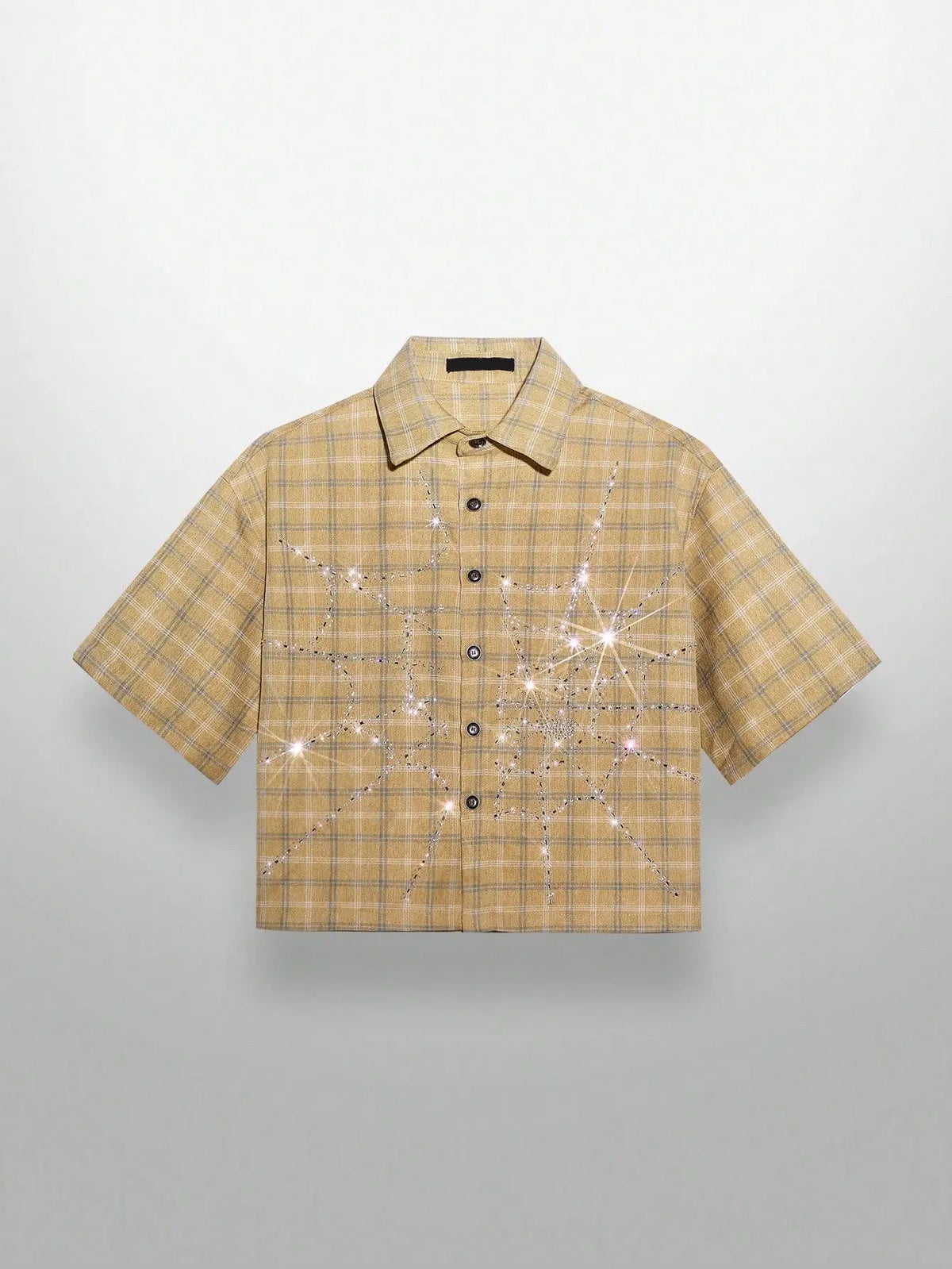 【Order Size Up】Unisex Spring Summer Glitter Street Style Crystal Spider Web Plaid Short Sleeve Woven Shirt