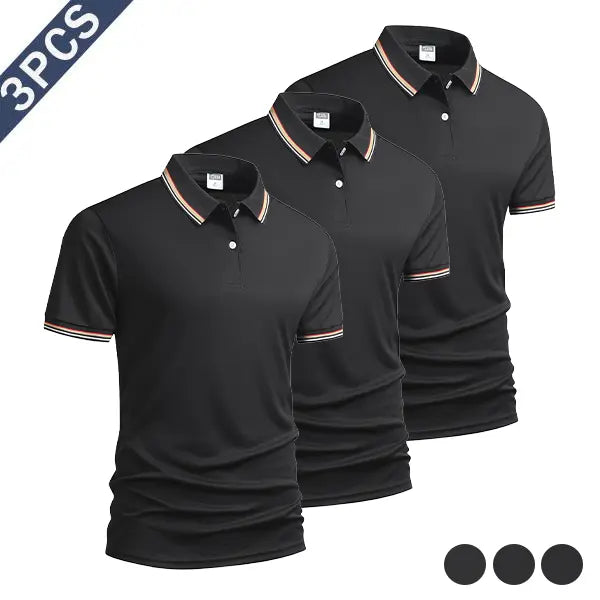 Men's 3-Piece Summer Polo Shirt Set, Polyester Fiber Fabric with Striped Sleeve Cuffs, Sporty Chic Smart Casual Top for Men's Clothing, Casual & Outdoor Use