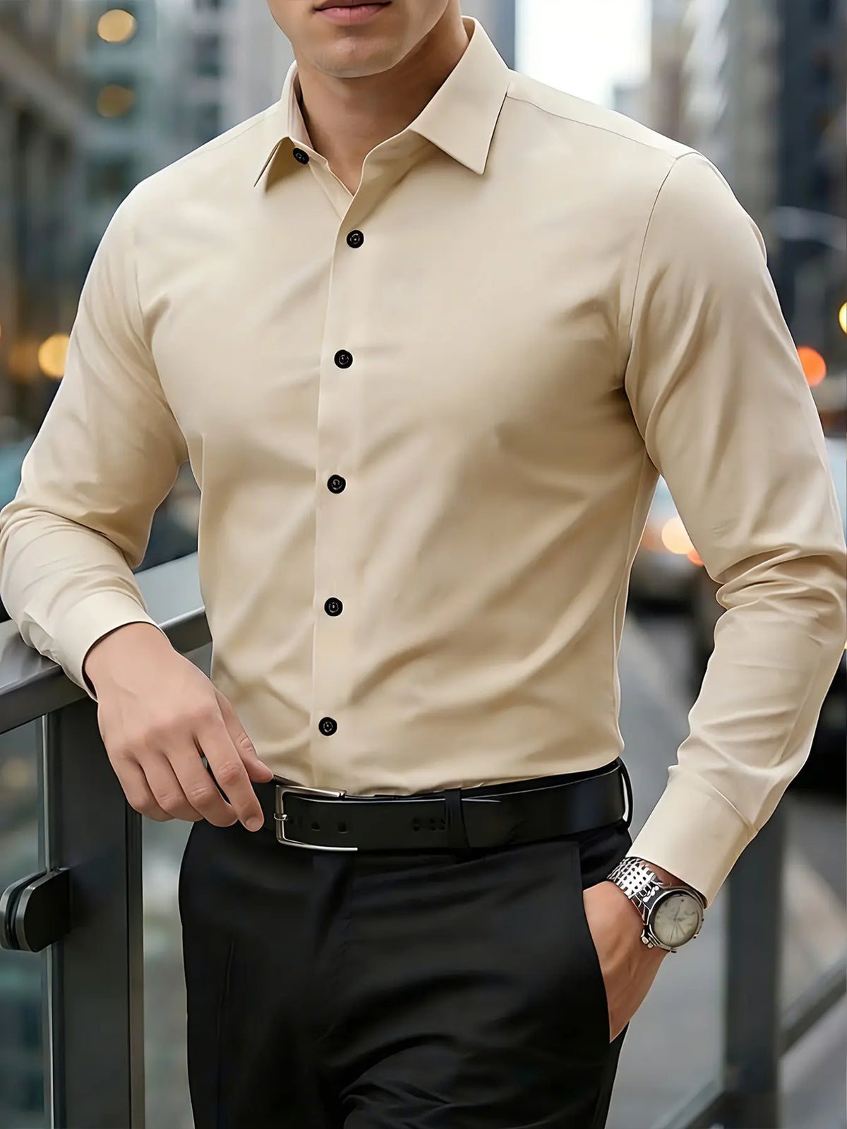 Men's Long Sleeve Classic Formal Button Shirt, Plain Color, Casual Slim Fit, Suitable for Work, Daily Commute, Leisure, Parties, Dinners