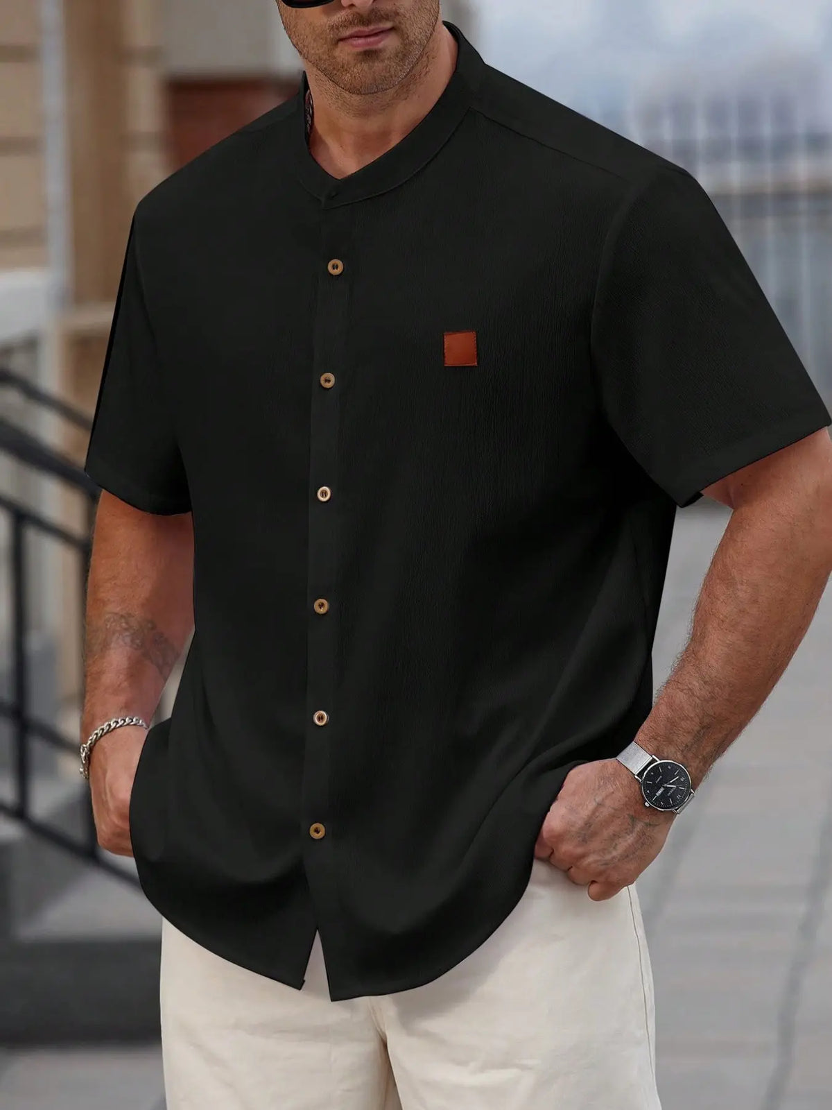 3-Pack Plus Size Men's Stand Collar Short Sleeve Casual Shirts, Casual Collared Shirt, Summer Textured Button-Up Tops, Comfortable Daily Wear Vacation Shirts