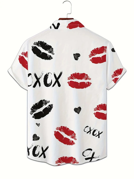 Men's Short Sleeve Collared Shirt, White Base with Lip and Heart Print, Trendy Casual Street Style, Short Sleeved Shirt