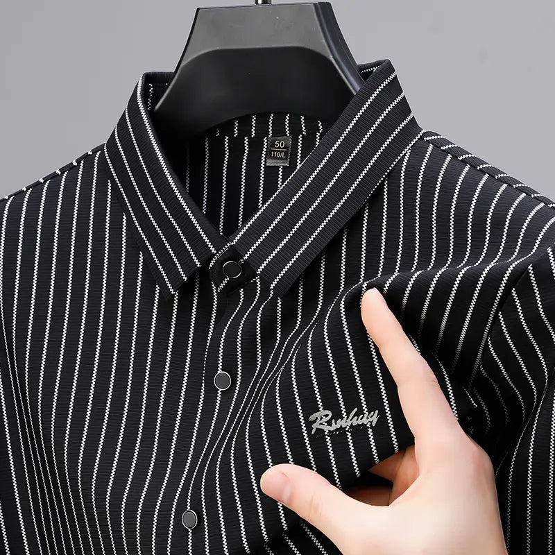 Men's Collared Short-Sleeved Formal Shirt - High-Elastic, Quick-Drying, Breathable, Wrinkle-Resistant, Expandable, Machine-Washable Classic Stripe Black Menswear with Tailored Fit - Nylon, Jersey Spandex, Polyester Top for Business Use