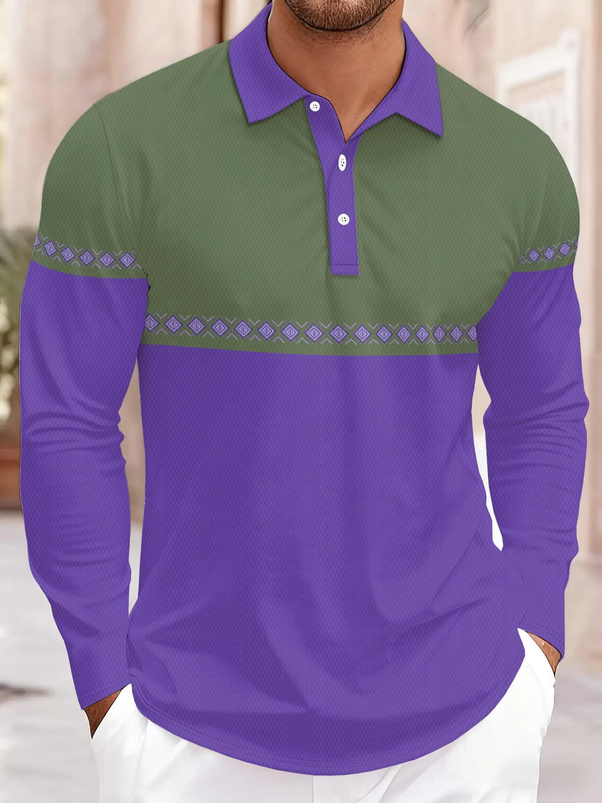 Men's Long Sleeve Knitted Polo Shirt, Casual Polo Shirts, Colorblock Knitwear, Casual Fashion Top, Trendy Contrast Design, Slim-Fitting, All Seasons
