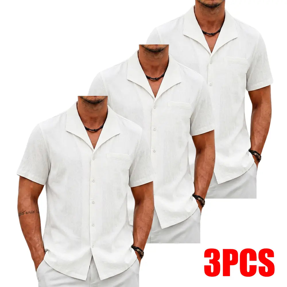 Men's 3-Pack Classic Cuban Collar Shortsleeve Shirts, Linen Blend Button Up Design Casual Button Front Tops, Breathable Casual Style for Daily & Beach Wear