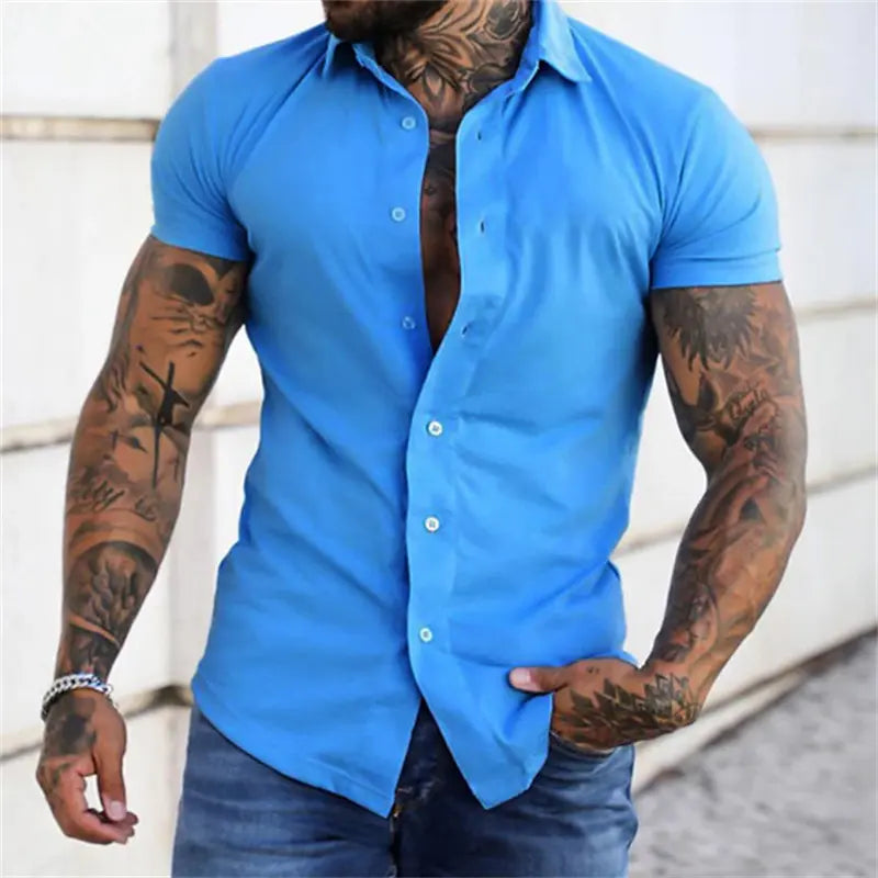 Men's Muscle Fit Short-Sleeve Collared Neck Dress Shirt - Plain, Wrinkle-Free Retro Tribal Button-Down Top, Casual Menswear Cardigan-Inspired Shirt