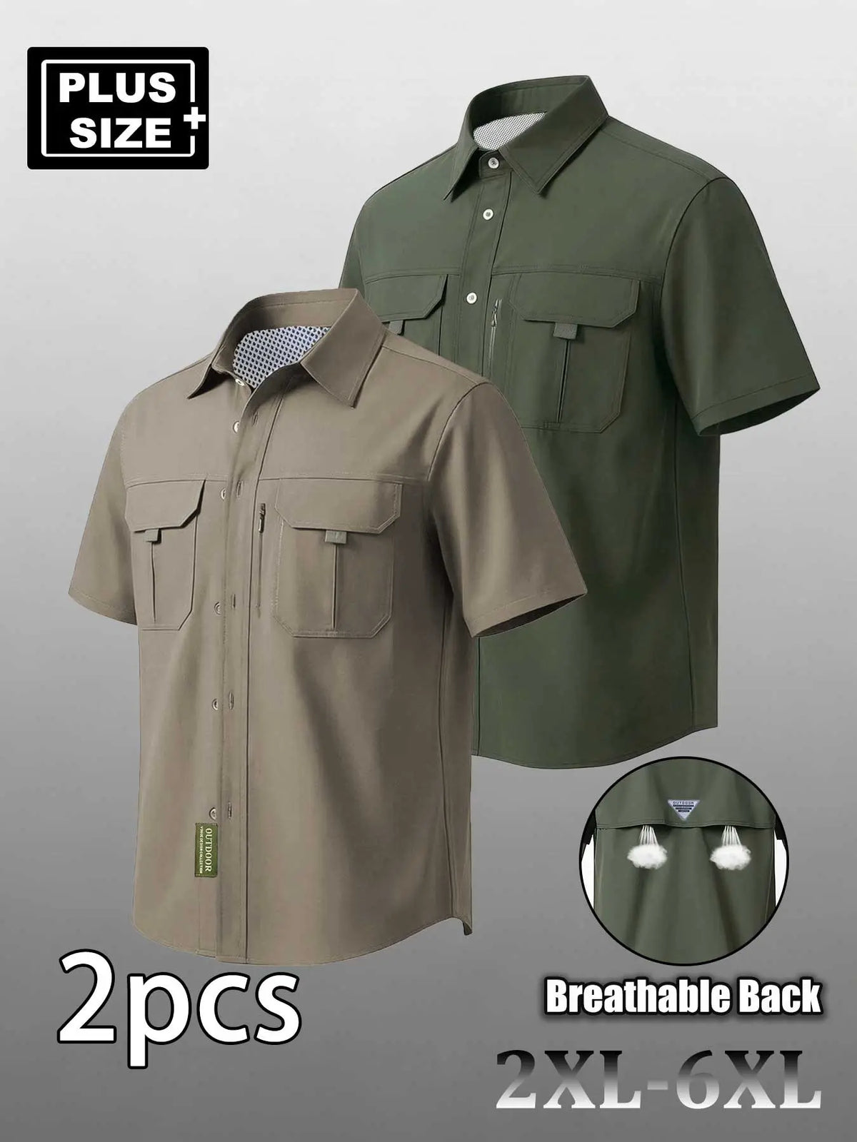 Plus Size Men's Casual Loose Summer Shirt, Short Sleeve Shirt with Multiple Pockets, Zip Details, Breathable Elastic Fabric, Casual Breathable Design, Ideal for Commute & Outdoor Activities, Top