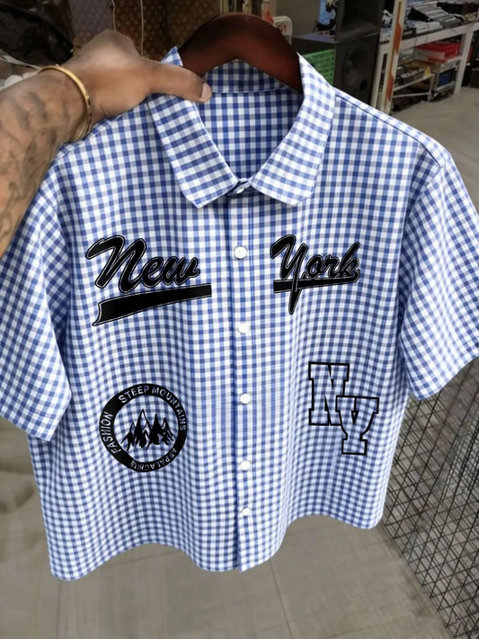 American Vintage Style New York Gingham Checkered Plaid Shirt, Loose Fit Short Sleeve, Casual College Wind Vibe, Versatile Streetwear Top, Casual Stylish Menswear, Comfortable Daily Wear, Everyday Casual Wear