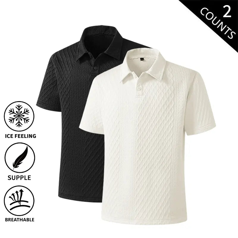 Men’s Basic Loose-Fit 2-Pack Summer Ice Polo Shirts - Breathable Knit Athletic Tops, Sporty Chic Black + White Styles for Golf, Everyday Wear