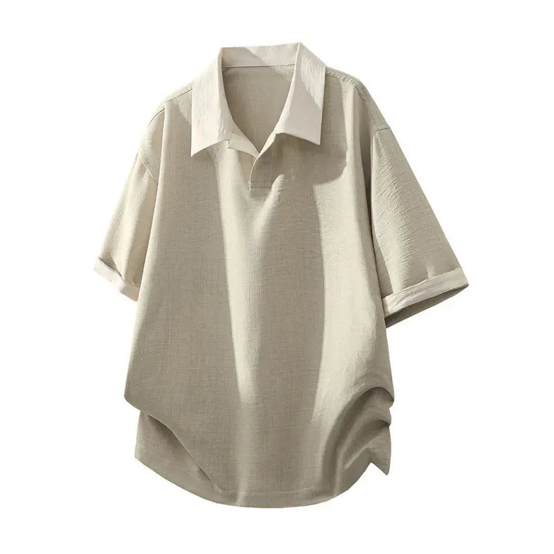 Men's Textured Weave Polo Shirt - Short Sleeve, Loose-Fitting, Breathable Half-Button Top with Contrast Spliced Lapel for Business Casual Wear