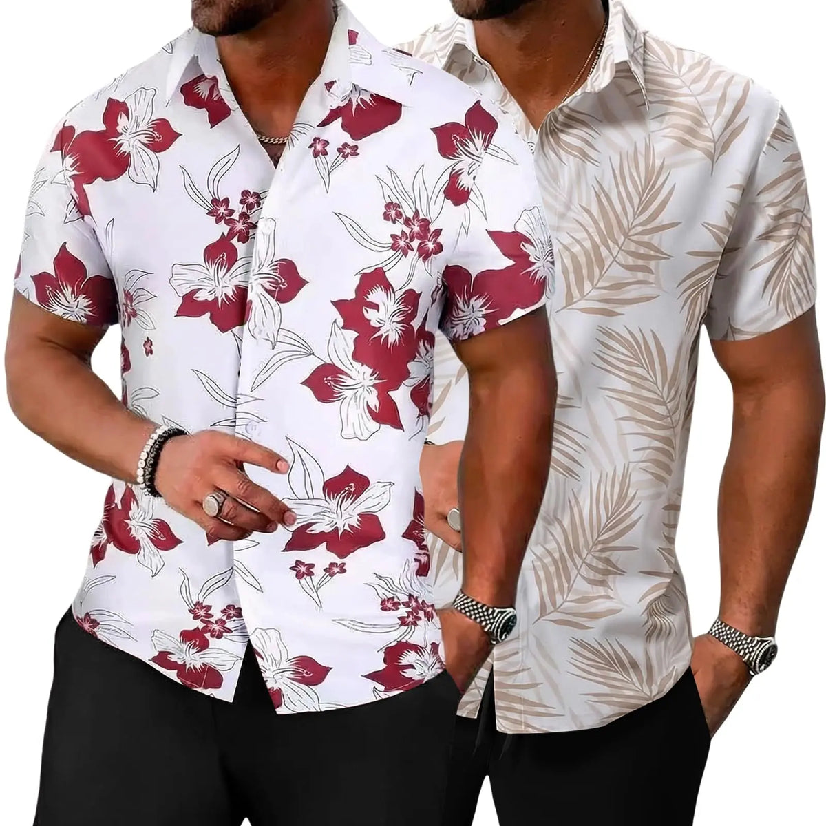 Gihuo 2 Pack Beach Shirts for Men Short Sleeve Button Down Tropical Print Summer Hawaiian Shirt Casual Menswear Top Short Sleeve Collared Wetsuit tees T-Shirt outfit Tshirt Trouser Sun Breathable