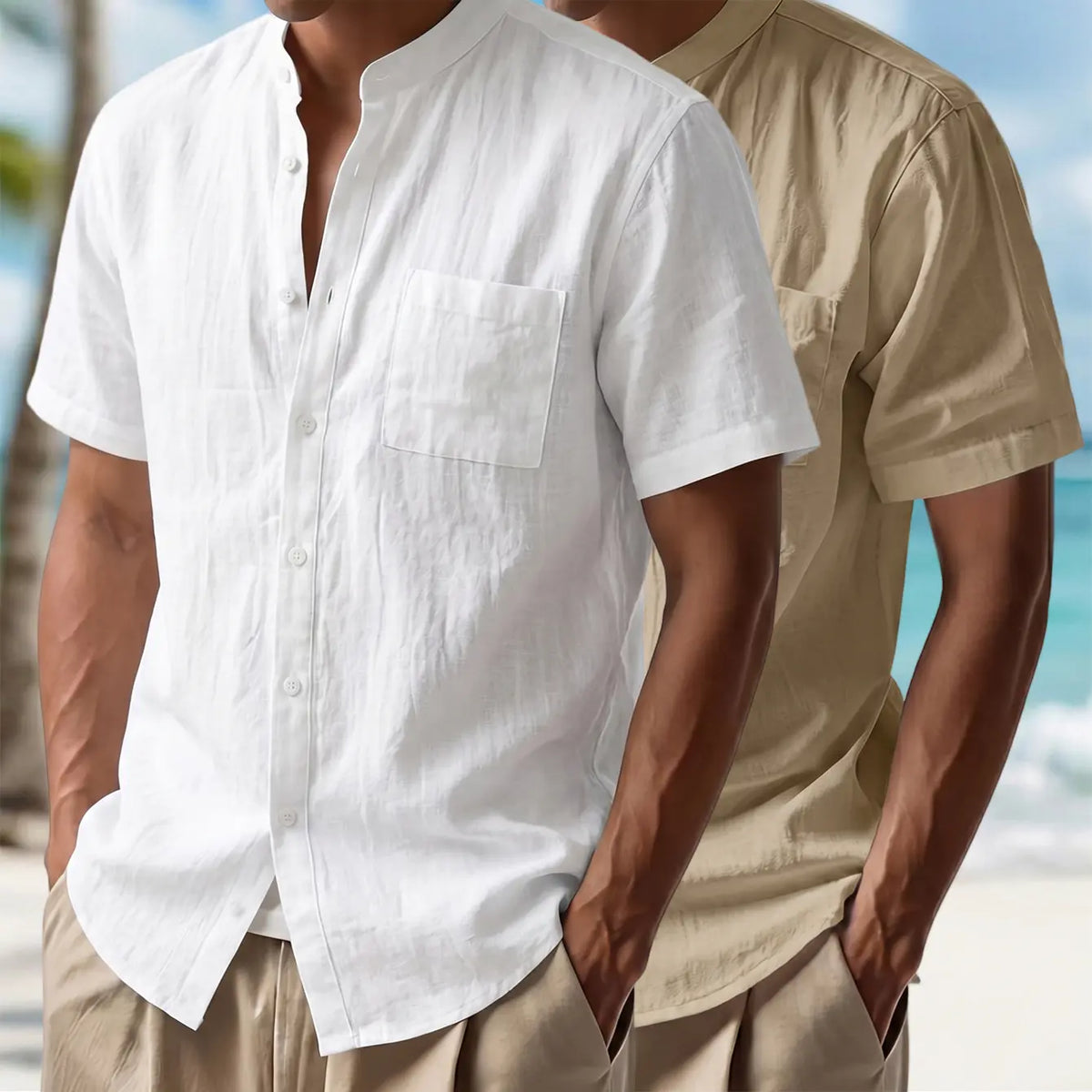 Men's 2-Pack Plain Casual Cotton-Linen Short-Sleeve Shirts - Stand Collar, Single-Button Front, Pocketed Tops, White + Light Blue, Breathable for Hot Days, Vacation Wear