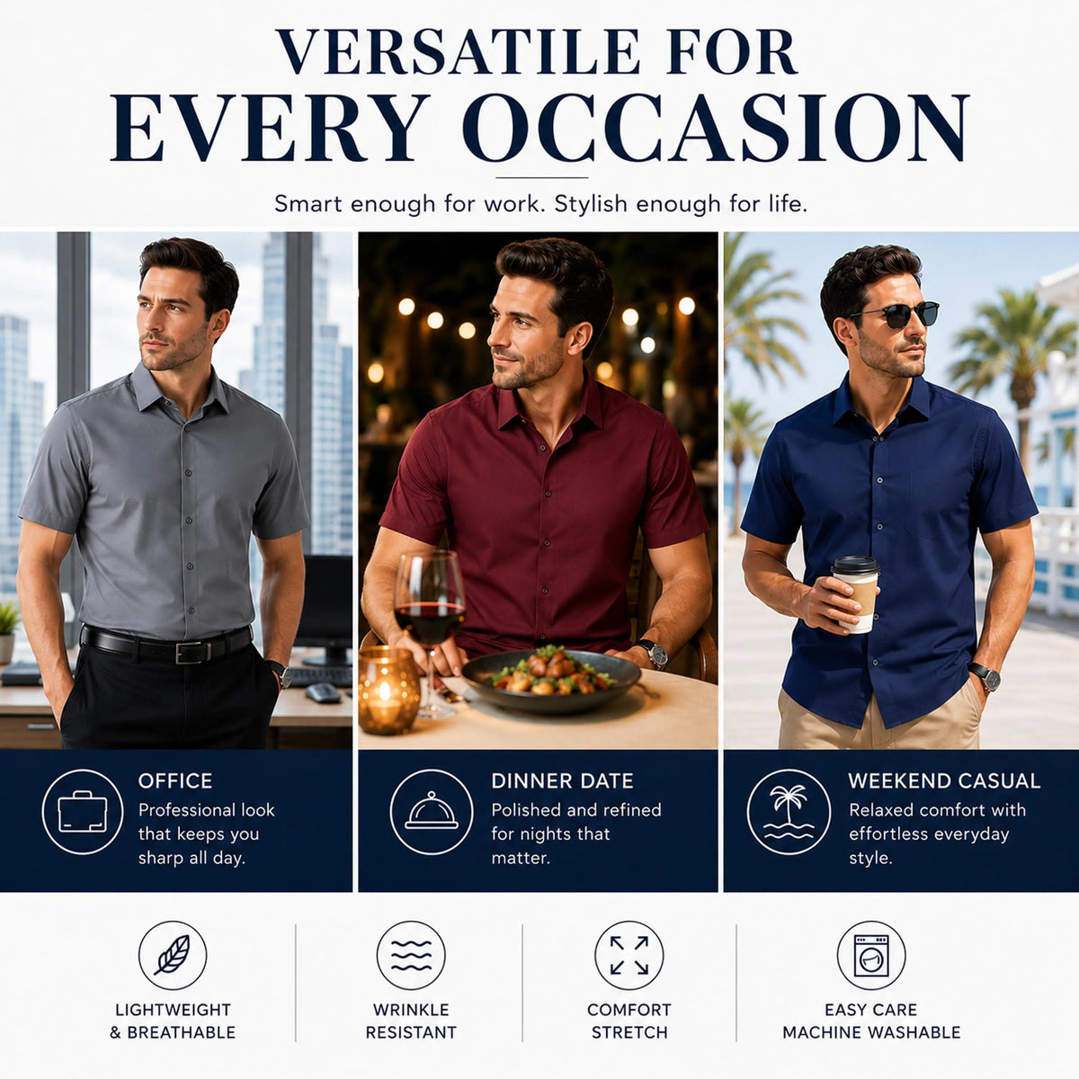 Men's 3 Pack Short Sleeve Stretch Dress Shirt (Sizes, S to 3XL)