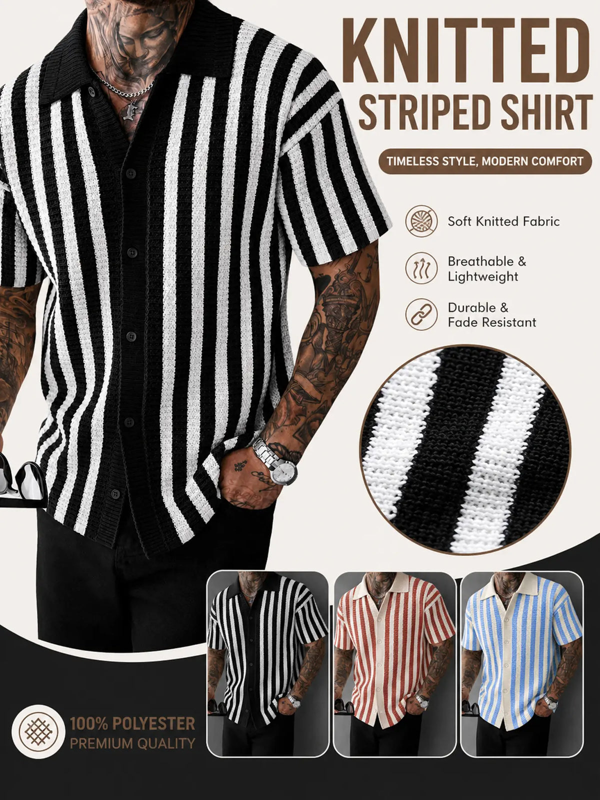 Men's Striped Knit Fabric Button Up Top - Short Sleeve, Collared, Lightweight, Breathable, Textured Menswear for Casual Outings, Beach Party, Weekend Travel