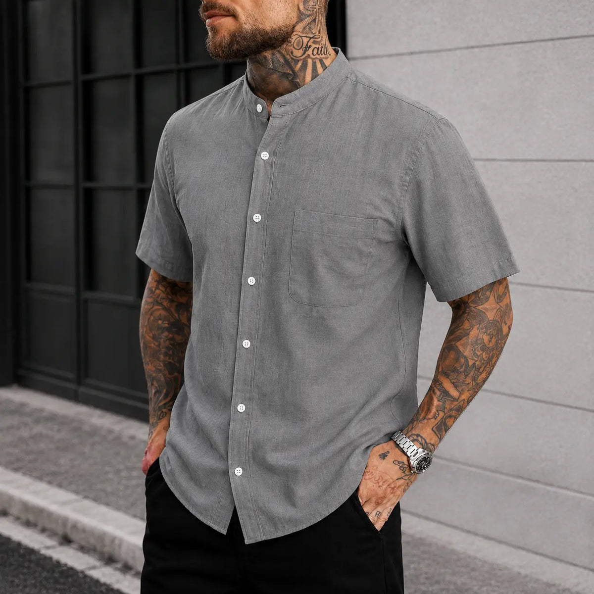 Men's Linen Blend Short Sleeve Button Down Shirt, Mandarin Collar, Lightweight Breathable Tops for Summer Beach, Menswear Plain Stylish Pocket Shirt