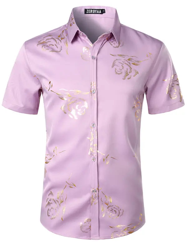 ZEROYAA Mens Hipster Gold Rose Printed Slim Fit Short Sleeve Button Down Dress Shirts Casual Summer Style Casual Fashion,back to school,back to school shopping