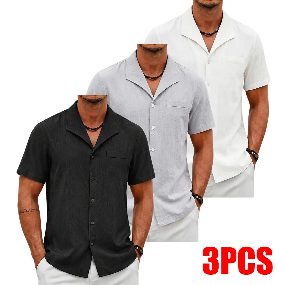 Men's 3-Pack Classic Cuban Collar Shortsleeve Shirts, Linen Blend Button Up Design Casual Button Front Tops, Breathable Casual Style for Daily & Beach Wear