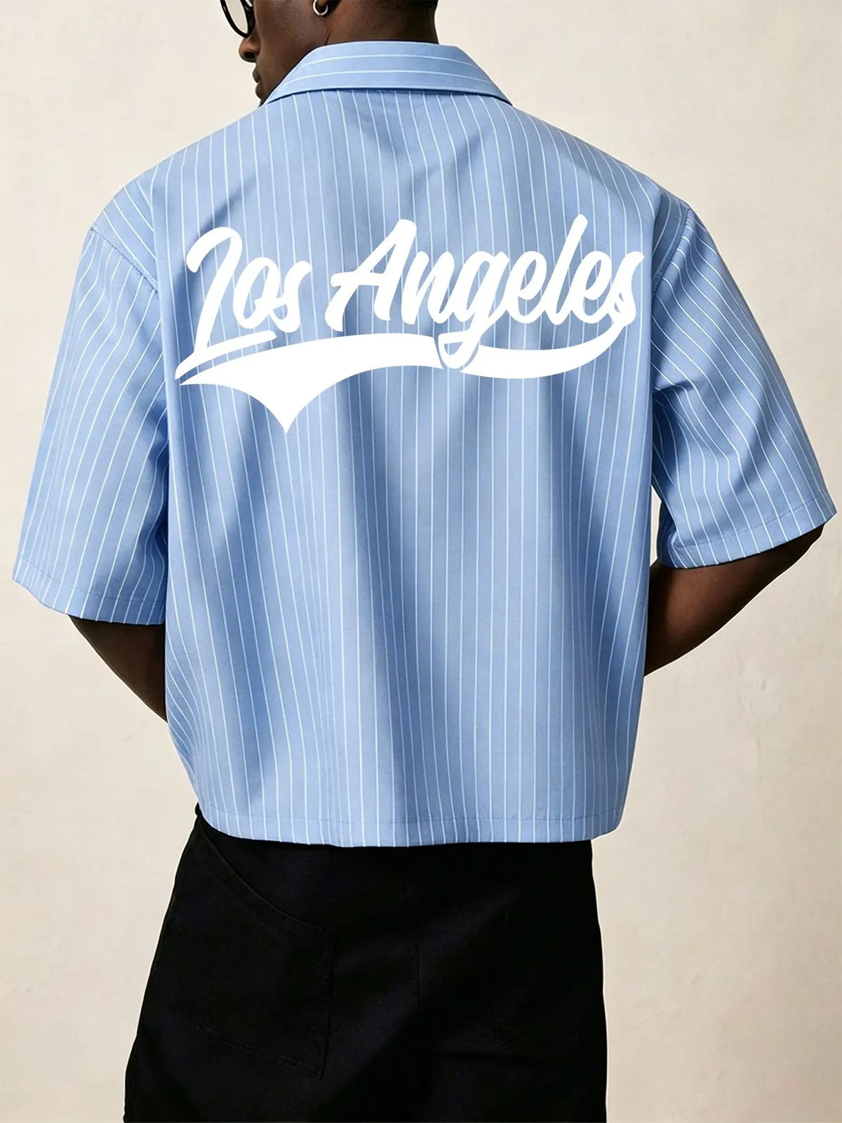 Men's short‑sleeve shirt with blue stripes, letter‑print lapel top, ideal for summer daily‑wear and casual street‑style outfits, Casual Collared Shirt