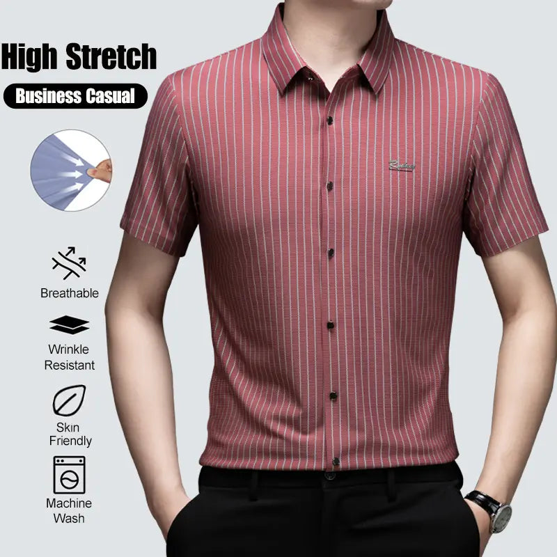 Men's Collared Short-Sleeved Formal Shirt - High-Elastic, Quick-Drying, Breathable, Wrinkle-Resistant, Expandable, Machine-Washable Classic Stripe Black Menswear with Tailored Fit - Nylon, Jersey Spandex, Polyester Top for Business Use