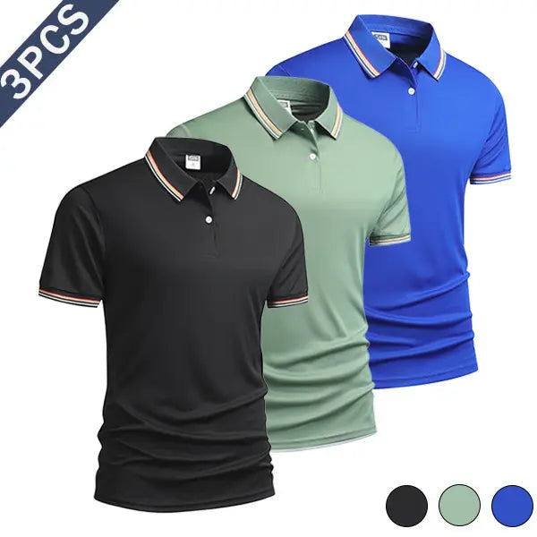 Men's 3-Piece Summer Polo Shirt Set, Polyester Fiber Fabric with Striped Sleeve Cuffs, Sporty Chic Smart Casual Top for Men's Clothing, Casual & Outdoor Use