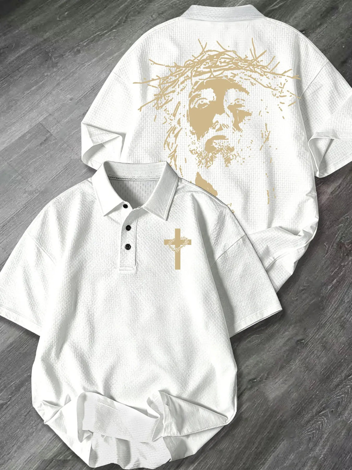 Mens Collared Waffle Knit Classic Streetwear Polo Shirt Thorn Crown Cross Portrait Graphic Chest & Back Print Faith Themed Casual Short Sleeve Top For Daily Church Urban Relaxed Leisure Outfit Printed Polo Shirts