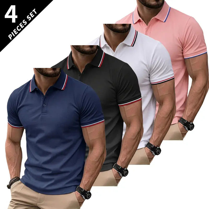 Men’s Short Sleeve T Shirt Pack of 4 – Solid Color, Turn Down Collar Design, Slim Fit, Business Casual, Comfortable Undershirt