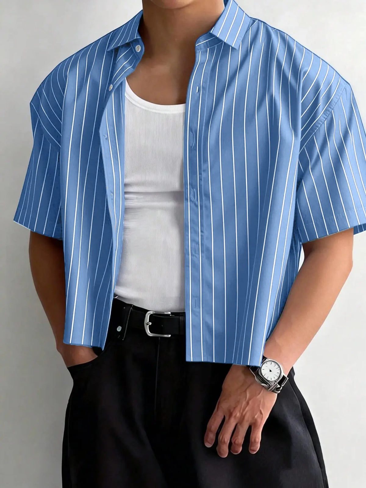 Men's Simple Striped Cropped Button Down Shirt, Casual Trendy Shirt, Regular Short Sleeve Casual Top For Streetwear, Casual Summer Clothes, Casual Summer Clothing