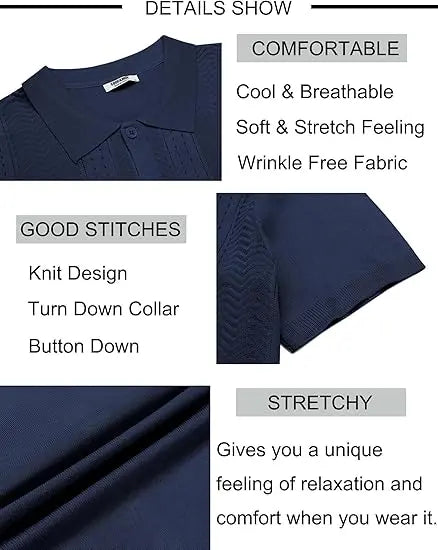 COOFANDY B Mens Knit Button Down Shirt Short Sleeve Summer Casual Shirts Vintage Beach Vacation Shirts