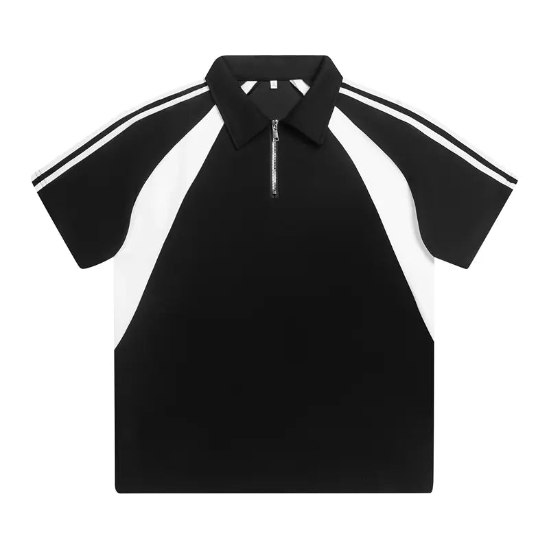 Men's Colorblock Half-Zip Polo Shirt - Short Sleeve, Striped Ribbing, Casual Loose-Fit, Breathable Soft Poly-Cotton Elastane Boyfriend-Style Athletic Menswear Top