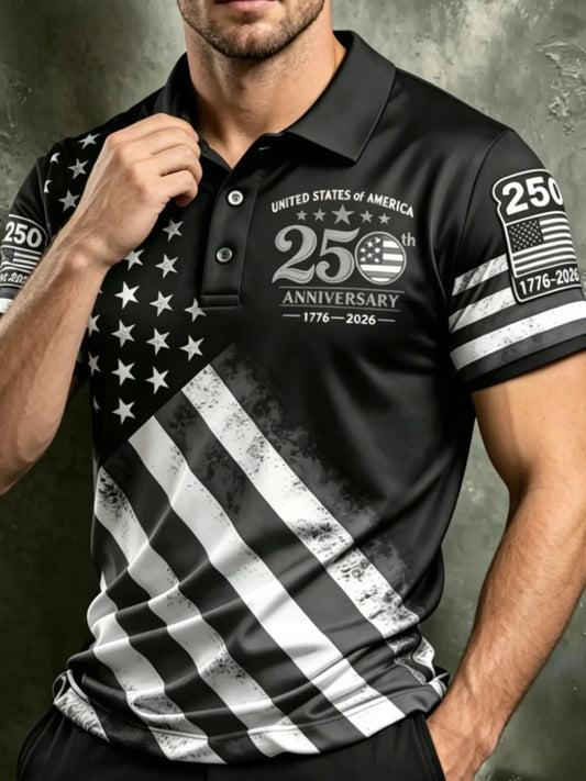 Men's 250th Anniversary American Flag Graphic Polo Style Shirt, Festive USA Flag Stars & Stripes Slim-Fit Short Sleeve Outdoor Golf Shirt, Casual Top