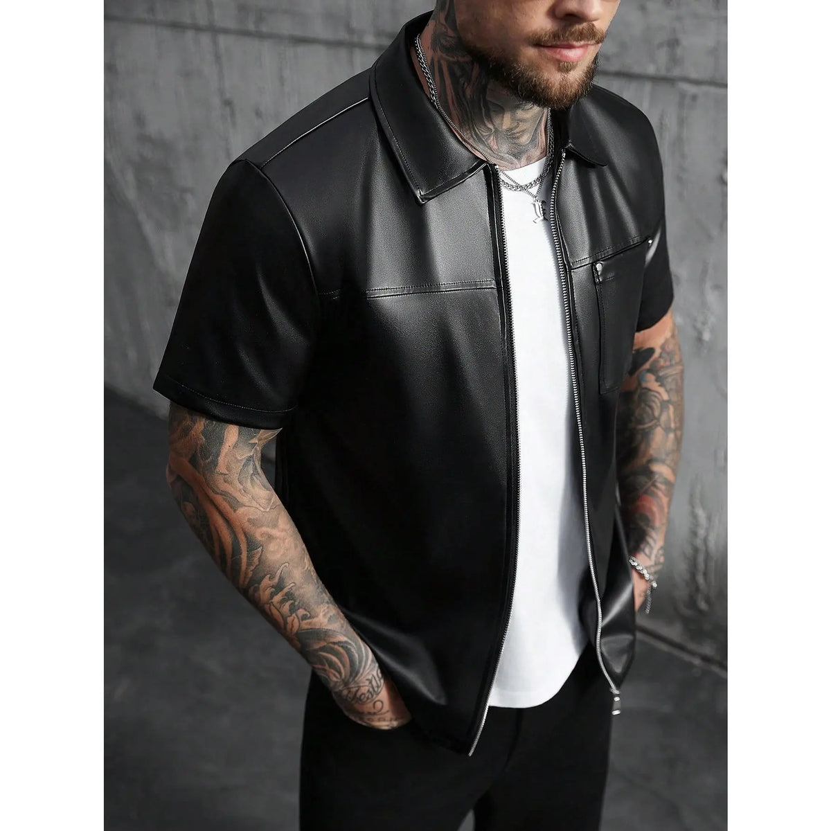 Men's Loose Fit PU Leather Front Zip Short Sleeve Shirt, Streetwear Inspired Men's Leather Shirt Men's Black Shirt