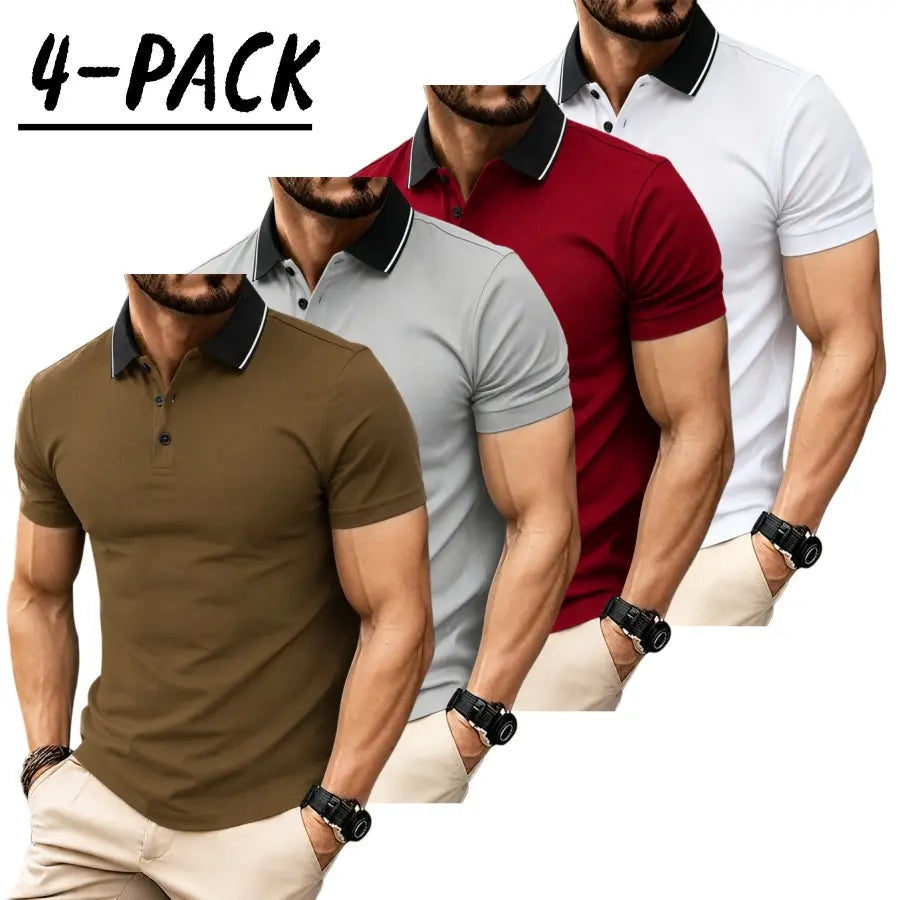 Men’s short sleeve polo shirt set of four pieces with a turn down collar and three buttons; urban casual style with contrast piping at the collar, slim tailored shoulders, and refined bead detailing. Suitable for men’s commuting, shopping, and exploring s