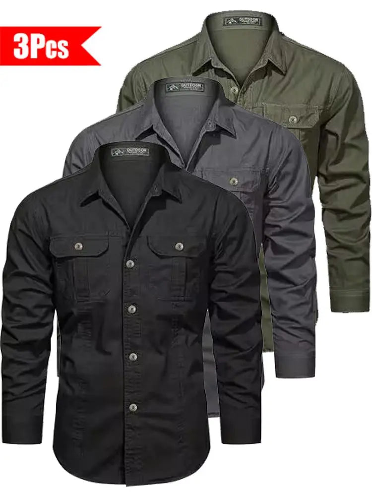 3-pack men’s solid-color long-sleeve shirts, regular fit, casual button-down tops suitable for office and business settings, all-season wear, casual slim-fit shirts