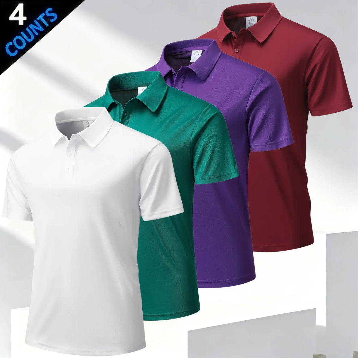 Men's 4 Plain Short-Sleeve Smart Casual Polo Shirts Top, Business Style with Classic Turn-Down Collar, Refined Buttons, Breathable Skin-Friendly Mesh Fabric, Versatile Multi-Season Fit